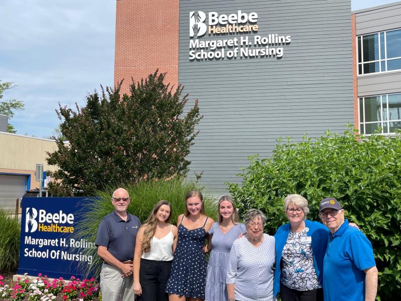 Gathered for the Lewes-Rehoboth Rotary Club scholarships presentation to Margaret H. Rollins School of Nursing students are (l-r) Bill Huntley, Rotary president; scholarship recipients Madisyn Williams, Sara Wallace, and Jessica Rigby; Georgiann Deist, Rotary scholarship chair; Tracy Bell, School of Nursing program coordinator; and Chuck Ward, Rotary immediate past president. SUBMITTED PHOTO